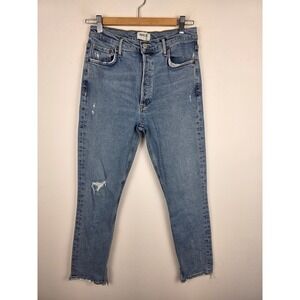 AGOLDE Nico High Rise Slim Leg Jeans Light Wash Distressed Raw Hem Size 29‎